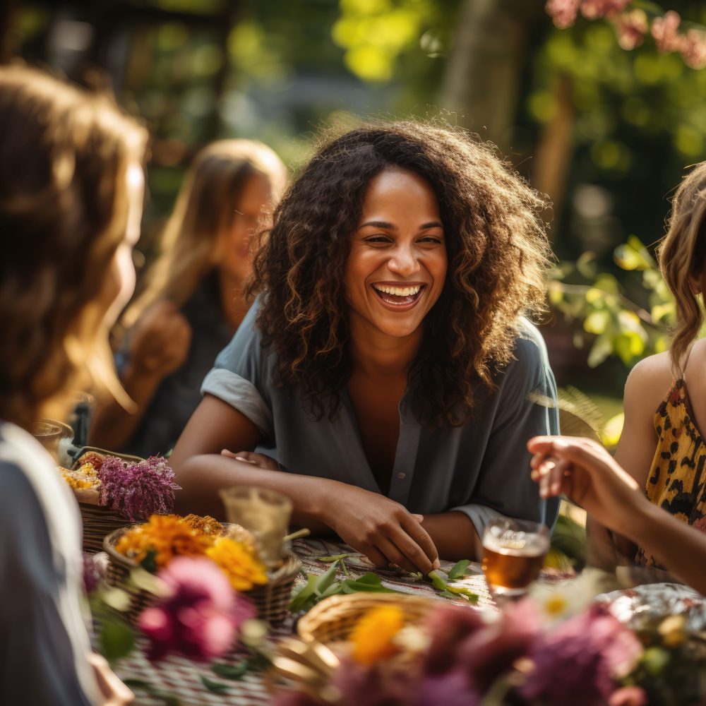 A group of neighbors gathers in a common outdoor space, sharing a picnic and laughter as they exemplify the camaraderie of community living. Generative Ai.